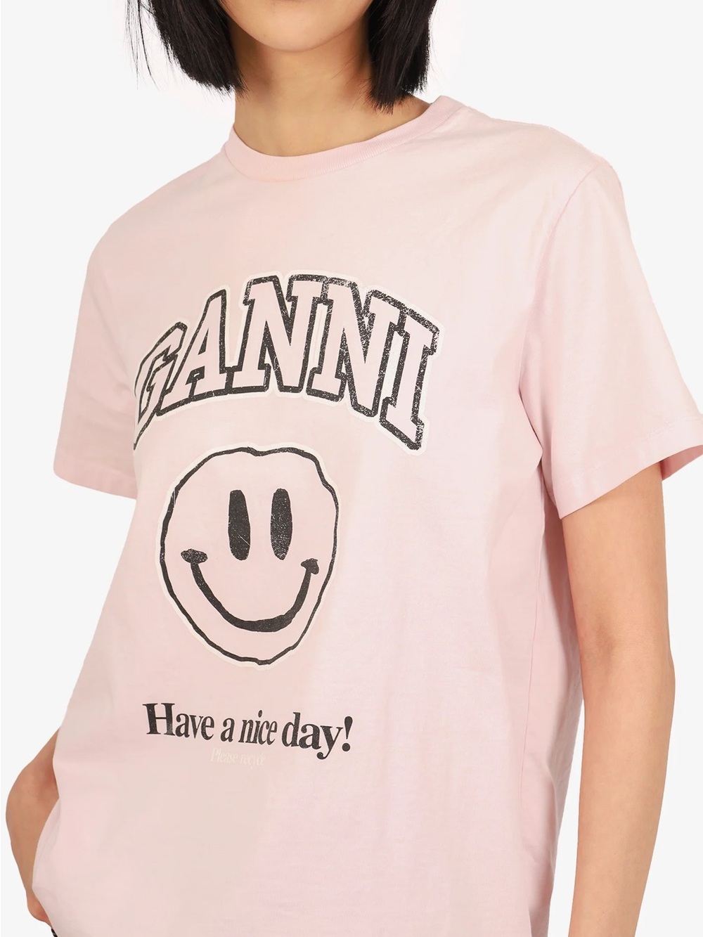 Ganni Pale Pink Crewneck Tee with Branded Tag